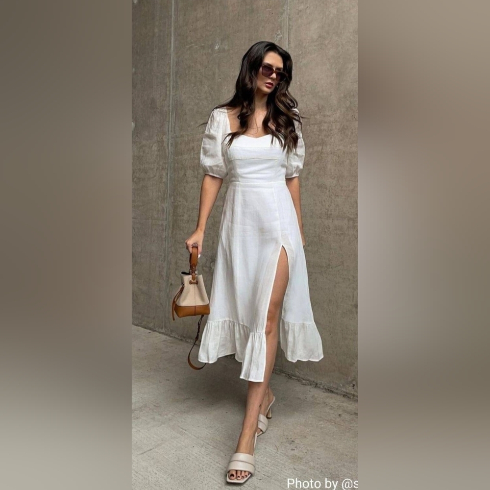 Rihoas White cotton dress sweetheart neckline split hem, S, NWT